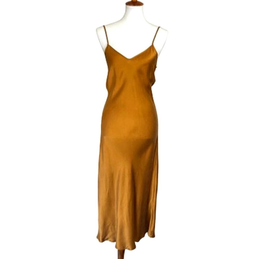 Vintage 90s Dark Mustard 100% Silk Bias-Cut Slip Dress
